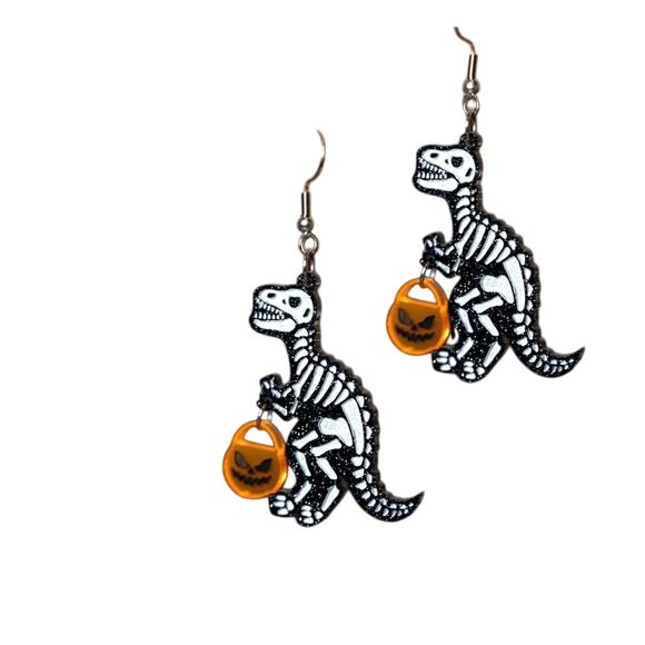Spooky T-Rex Skeleton Halloween Earrings with Pumpkin Charm - Picture 1 of 2